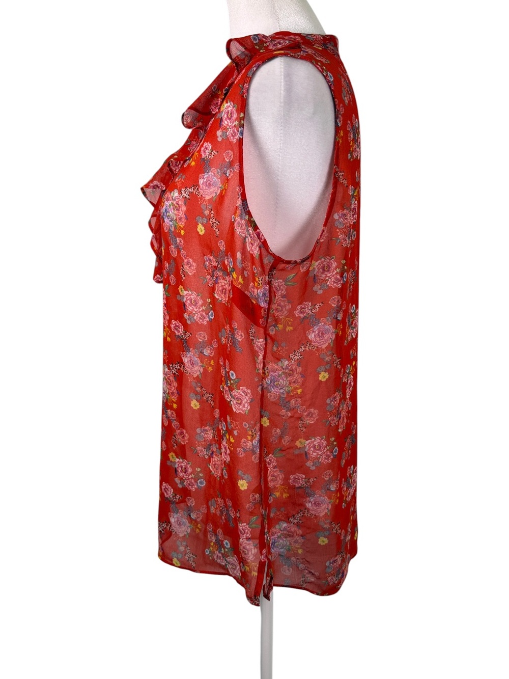 Cabi Red Floral Sheer Ruffle Sleeveless Blouse Top Size M - Picture 7 of 10